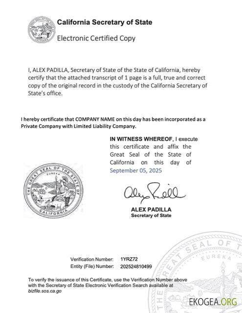 Modèle Word et PDF de certificat d'enregistrement électronique USA Californie